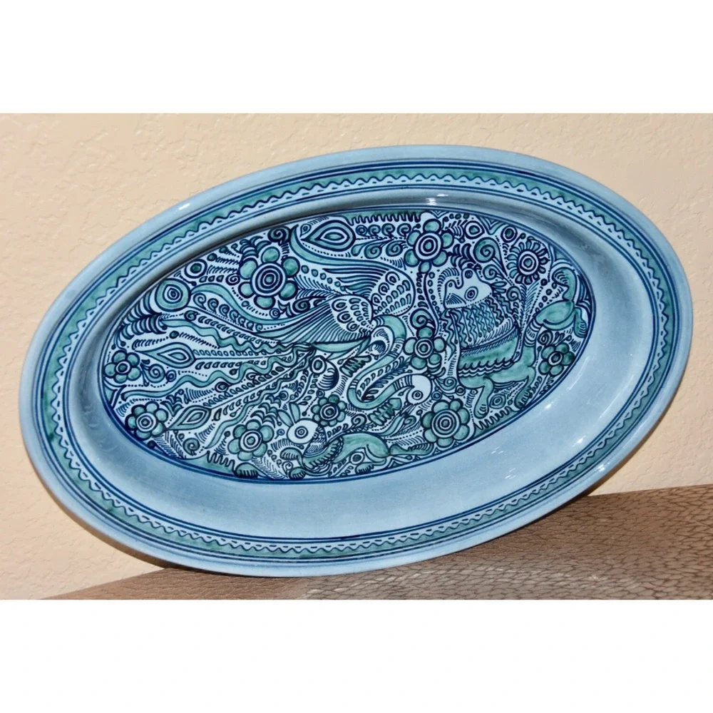 Felix Tissot Fantasia Taxco Mexican Artisan Modernist Pottery Oval Bowl Platter
